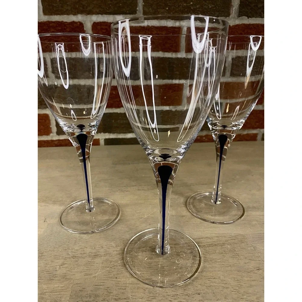 3 PIER 1 Hand-Blown Clear Water Wine Glasses Blue Tear Drop Stem Accent 8 5/8